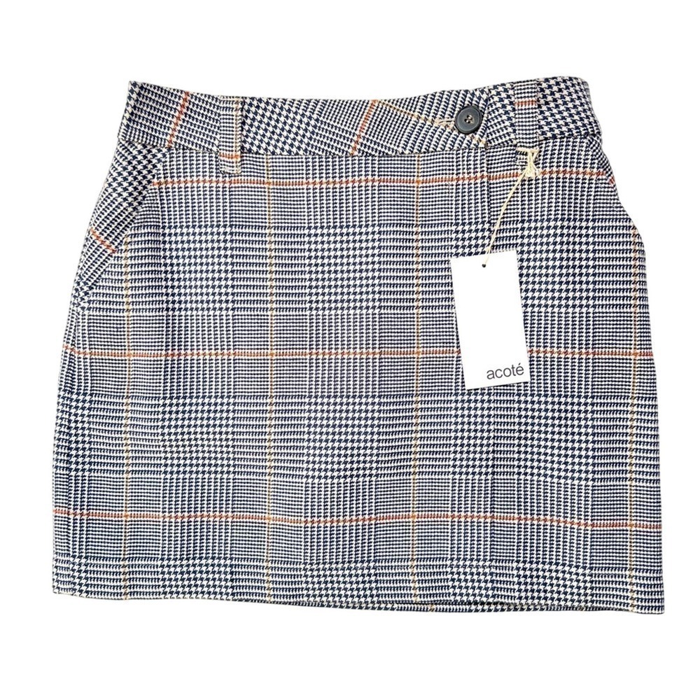 Acoté Jupe Carreau Ecru Blue & White Wool Blend Plaid Mini Skirt Size 0 NWT $129